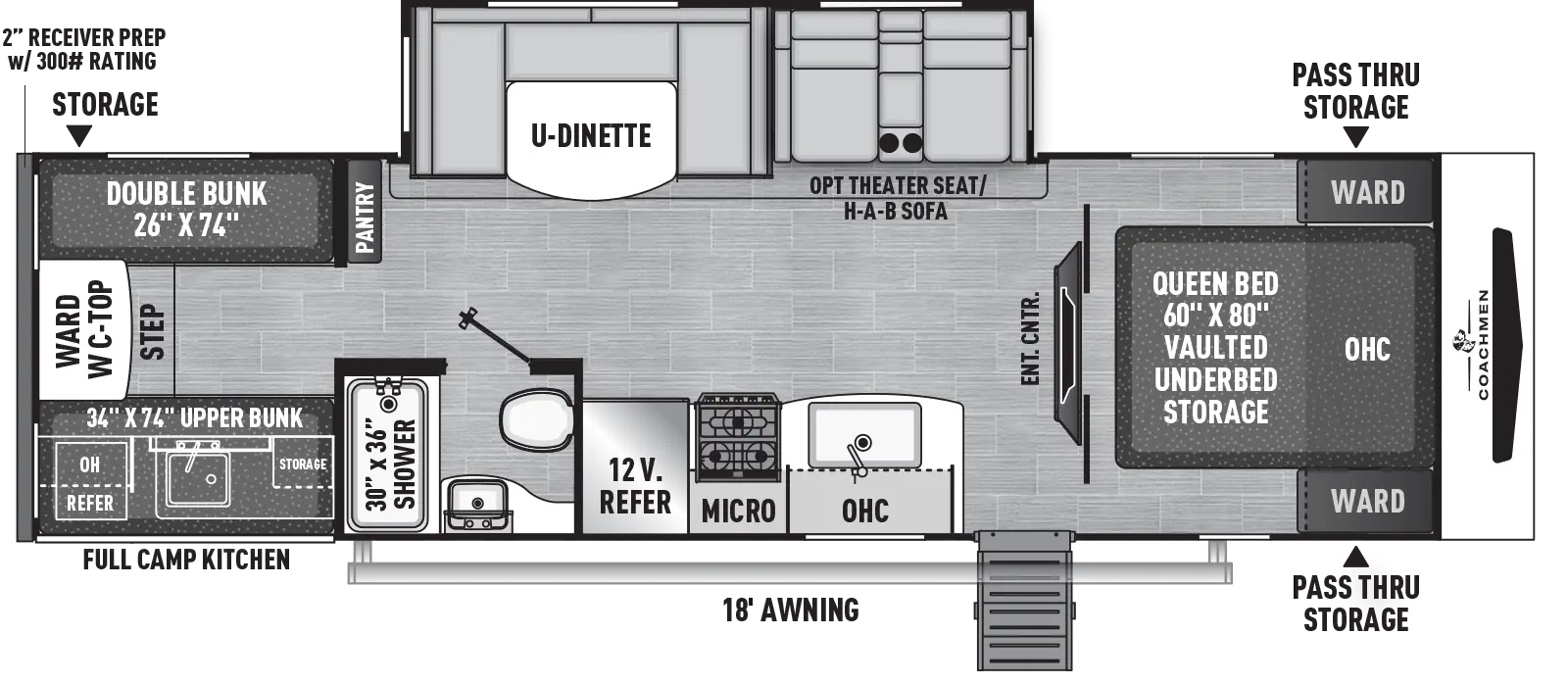 The 292BHDS has one slideout and one entry. Exterior features front pass-thru storage, 18 foot awning, full camp kitchen with overhead cabinet, refrigerator, sink and storage, and rear off-door side storage. Interior layout front to back: foot-facing queen bed with vaulted underbed storage, overhead cabinet, and wardrobes on either side of the bed; Island entertainment center with swivel television; off-door side slideout with optional theater seat/hide-a-bed sofa, overhead cabinet, and u-dinette, and pantry; door side entry, kitchen counter with sink, overhead cabinet, microwave, cooktop, refrigerator, and full bathroom; rear bunk room with off-door side double bunk, door side upper bunk, and rear wardrobe with countertop and step.